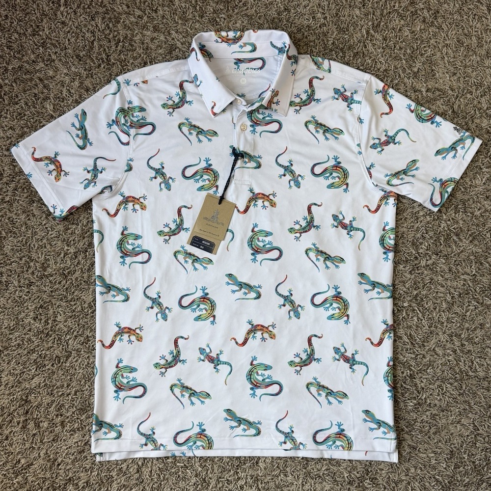 Chubbies Performance Polo Mens Medium "Busy Lizard" White Stretch Shirt UPF50+